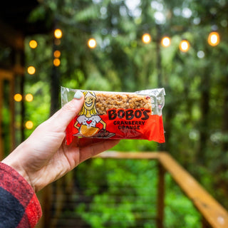 A hand holds a small package of Cranberry Orange Oat Bar