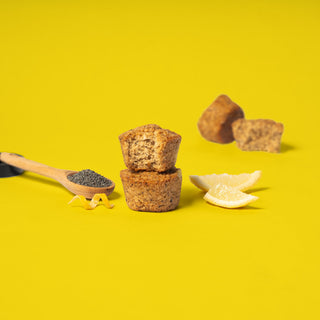Oat bite on yellow background with surrounding lemons and poppyseeds