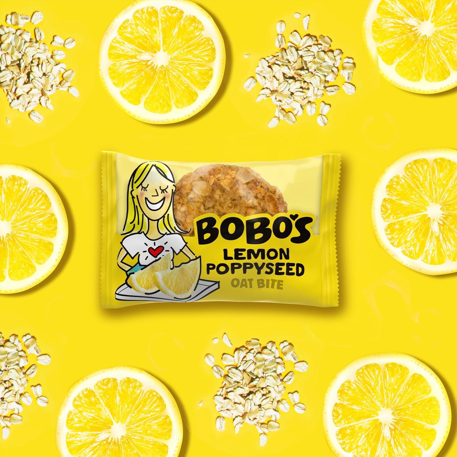Oat bite on yellow background with surrounding lemons