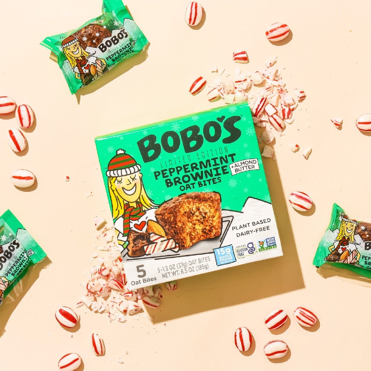Oat bite surrounding peppermints and chocolate chunks