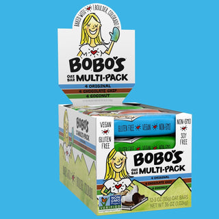 Bobo's Oat Bar Multipack on blue background