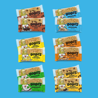 Bobo's Oat Bar Multipack with six different flavors displayed on a blue background