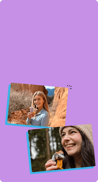 Two images of two people holding and eating Bobo's Bars out in nature