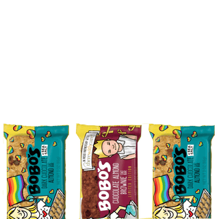 Three Bobo's bars in order: Dark Chocolate Almond (with sea salt), Chocolate Almond Brownie, Dark Chocolate Almond (with sea salt)