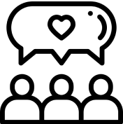 Icon of three people with a word bubble above their heads with a heart inside