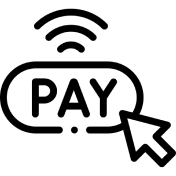 Icon of the word "PAY" with a wifi signal on top of it and a computer mouse pointing to it