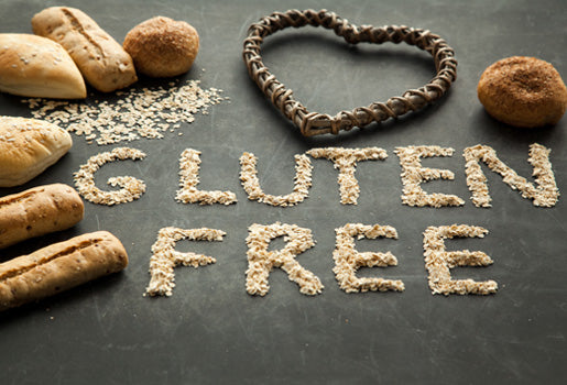The words "Gluten Free" spelled out in oats, surrounded by other gluten free products