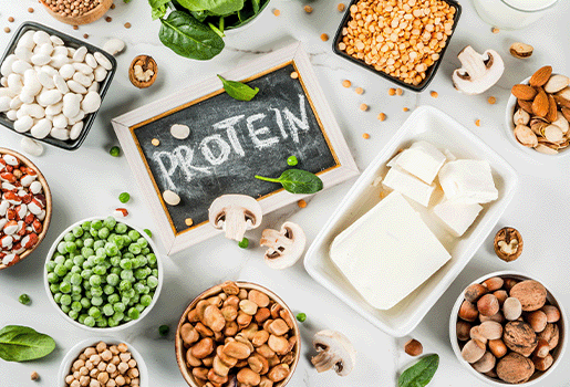 Several plant based protein sources surrounding a chalkboard that says "protein"