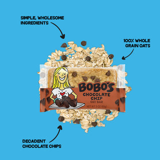 Bobo's Chocolate Chip Oat Bar on blue background with an informational panel to list out the ingredients