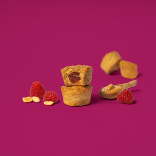 Oat bite on purple background with surrounding peanuts and raspberries