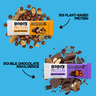 Bobo's Protein Bars on blue background