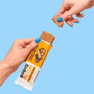 Bobo's Protein Bar on blue background