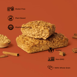Oat bar on brown background with surrounding ginger and cinnamon