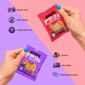 Two Bobo's PB&J Oat Snacks Variety Pack on purple and pink backgrounds
